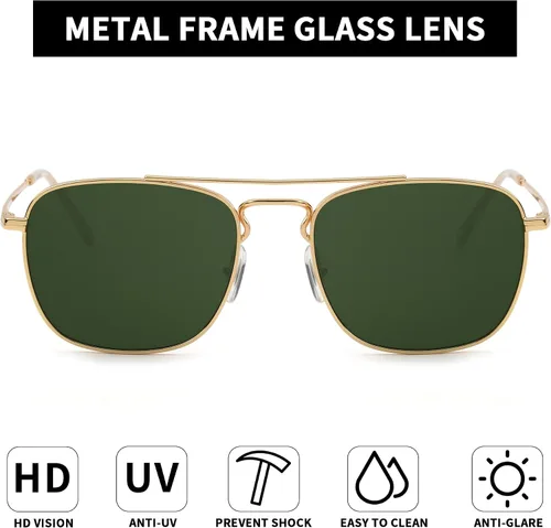Vista 2 de JIM HALO Gafas de sol de aviador cuadradas retro con lente de vidrio de alta calidad, gafas planas de metal para hombres y mujeres