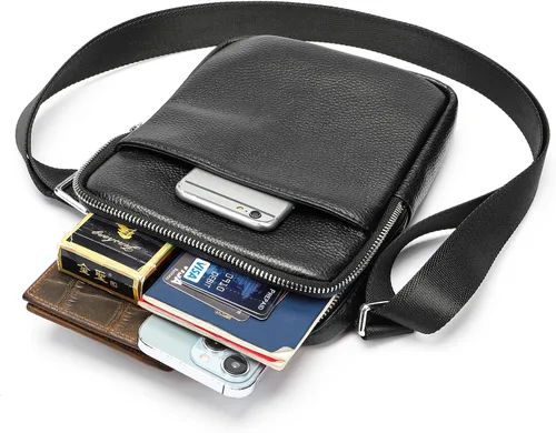 Vista 5 de NIUCUNZH Monederos y bolsos de hombre pequeños, mini mensajero de cuero genuino y bolso de hombro para hombres con muchos bolsillos con cremallera