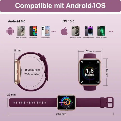 Vista 9 de Relojes inteligentes para mujer, reloj inteligente HD de 1.85 pulgadas para iPhone/Samsung/Android con llamadas/mensajes/recordatorios, 3ATM 120+