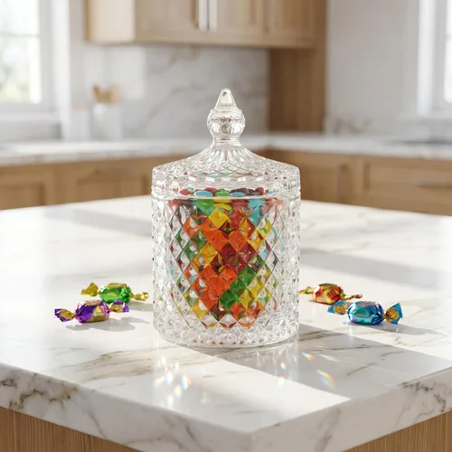 Vista 7 de Hedume Paquete de 4 tarros facetados de diamantes de cristal con tapa de cristal, juego de organización de almacenamiento de alimentos de vidrio