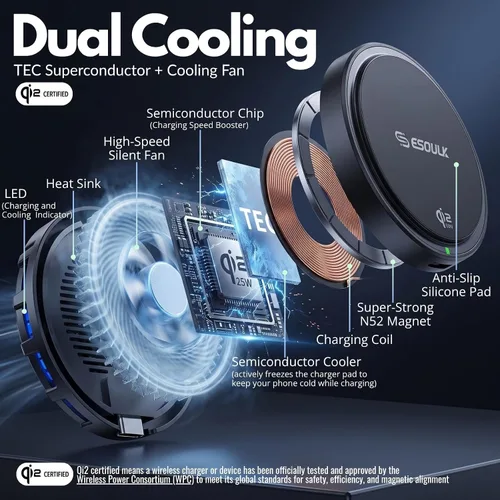 Vista 4 de Qi2 25W Cooling Wireless Car Charger 15 Inch Cup Holder Phone Mount