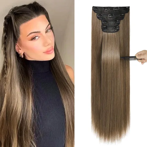 Vista 23 de REECHO - Juego de 4 extensiones de cabello sintético con clip de 12 pulgadas, 14 pulgadas y 16 pulgadas, lacio, largo y grueso, marrón oscuro