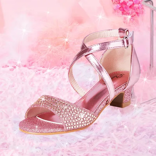 Vista 6 de Chumchoi Sandalias para niñas con diamantes de imitación, tacón bajo, correa de tobillo, vestido de tacón alto, boda, fiesta, para niños pequeños