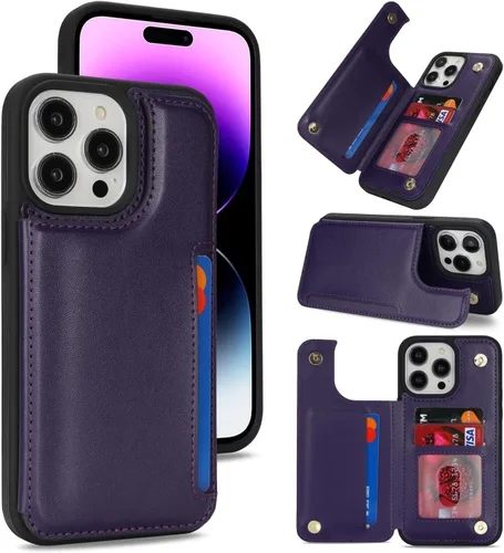 Vista 13 de iCoverCase Funda protectora de piel sintética compatible con iPhone 14 Pro Max con soporte para tarjetas, funda tipo cartera para mujeres y hombres