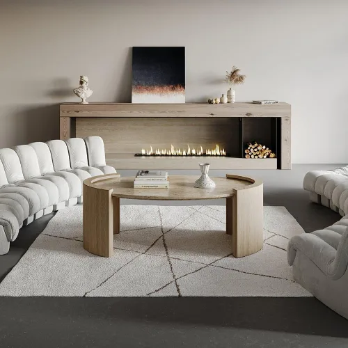 Vista 3 de homary Mesa de Centro Ovalada Japandi de 43 pulgadas con Superficie de Piedra Travertina – Mesa de Centro Ovalada de Doble Pedestal con Superficie