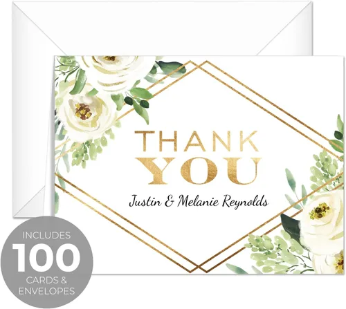 Vista 2 de Tarjetas de agradecimiento personalizadas con flores blancas de oro sintético, 100 tarjetas de agradecimiento modernas con sobres blancos, 4 1/4 x 5