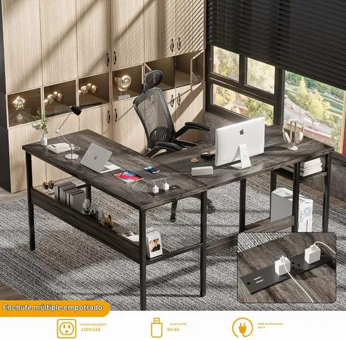 Vista 4 de Unikito Escritorio reversible en forma de L con tomas de corriente mágicas y puertos de carga USB, escritorio de esquina para computadora resistente