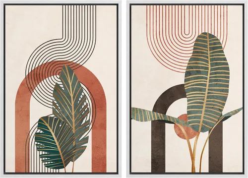 Vista 83 de SIGNFORD Lienzo enmarcado para pared, juego de arte geométrico retro de mediados de siglo, plantas forestales, ilustraciones con formas abstractas