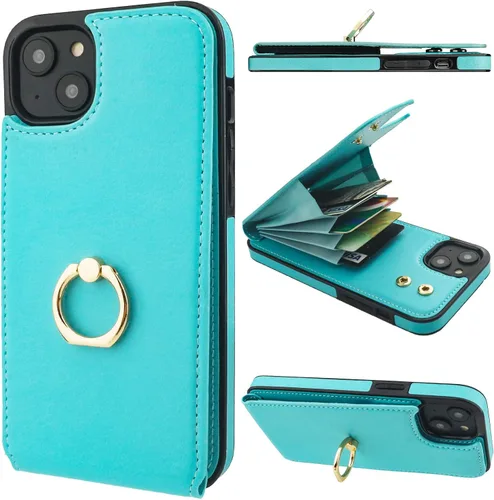 Vista 21 de Folosu Funda tipo billetera compatible con iPhone 14 con soporte para tarjetas, soporte de anillo para dedo con rotación de 360° y función atril