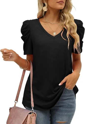 Vista 4 de Puff Sleeve Tops for Women,Womens V Neck Puff Sleeve Blouse,Womens Summer Shirt,Womens Tops Summer Puff Sleeve Tshirts