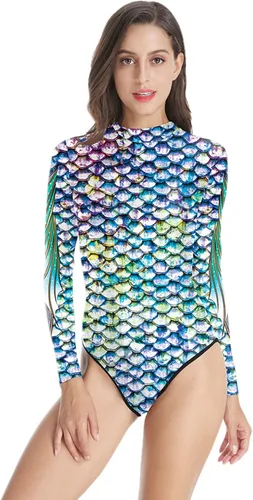 Vista 2 de Traje de baño de una pieza de manga larga para mujer, con estampado de sirena, cremallera, traje de baño de surf