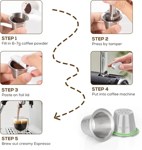 Vista 5 de RECAPS cápsulas de Nespresso reutilizables, vainas rellenables de acero inoxidable para máquinas Nespresso (compatibles con la línea original)