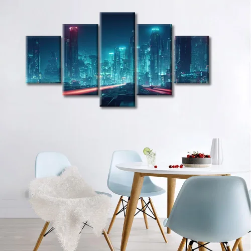 Vista 196 de Cuadros de 5 paneles de Cyberpunk City, arte de pared, representación de vallas publicitarias, edificios modernos en la capital con obras de arte