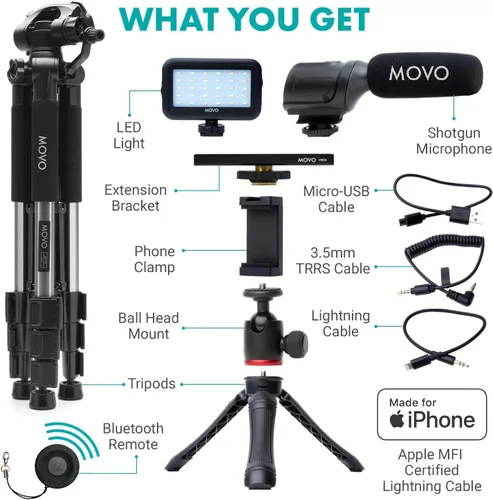 Vista 3 de Movo iVlogger - Kit de vlogging para iPhone con trípode de tamaño completo – Kit de inicio de YouTube compatible con Lightning para creadores