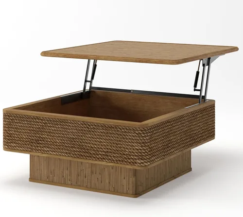 Vista 7 de Mesa auxiliar cuadrada de 31.52 pulgadas con almacenamiento, ratán natural y cuerda de cáñamo, función ajustable, mesa central vintage de granja