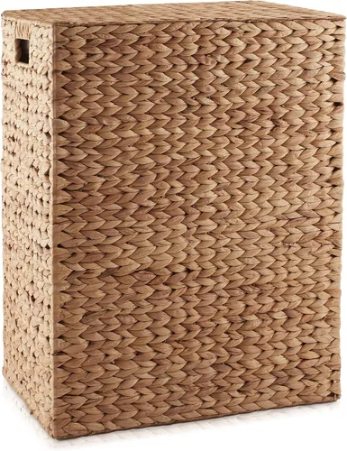 Vista 5 de Casafield gran cesta de lavandería con tapa y bolsa interior extraíble - Canela, cesta de lavandería rectangular tejida de jacinto de agua