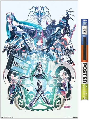 Vista 13 de Trends International Hatsune Miku - Póster de pared Hello, 14.725 x 22.375 pulgadas, versión con marco de madera tipo granero