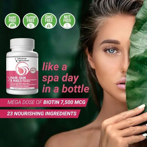 Vista 2 de Vitaminas para cabello, piel y uñas sanos creado por médicos para hombres y mujeres. 0.00026 oz. de biotina, aminoácidos, colágeno y ácido