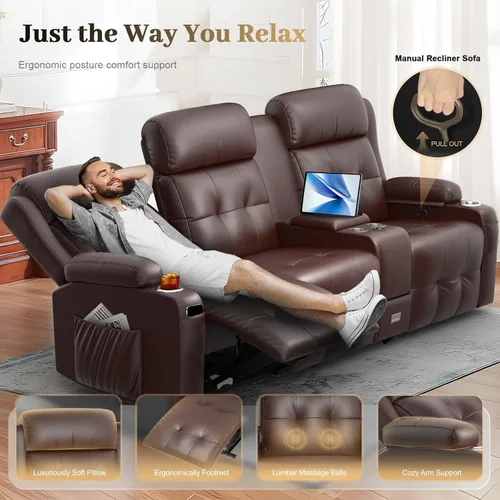 Vista 7 de Sofá reclinable, sofá reclinable con masaje de 3 plazas con gran capacidad de peso, sofá de dos plazas para RV con espacio libre con consola, USB