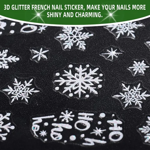 Vista 5 de Calcomanías de uñas de copos de nieve, 4 hojas 5D en relieve de Navidad, calcomanías de uñas de copo de nieve con purpurina blanca, calcomanías