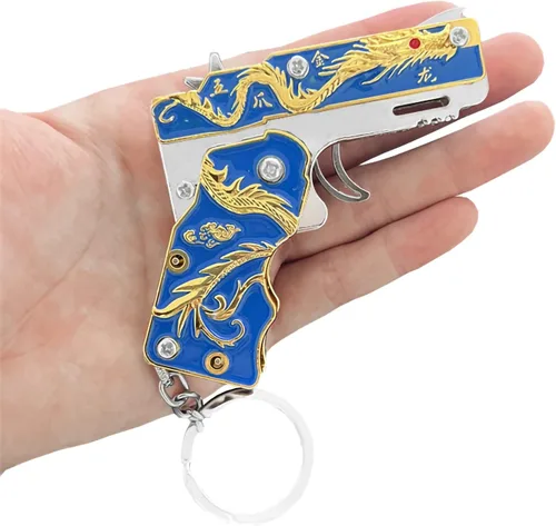 Vista 6 de 2pcs mini oro dragón goma banda pistola metal plegable llavero nuevas e interesantes goma banda juguete pistola al aire libre regalo fiesta