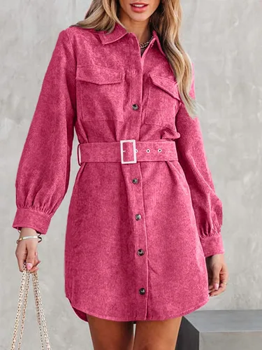 Vista 2 de Uusollecy Minivestido de pana para mujer, manga larga, con botones, camisa y cinturón