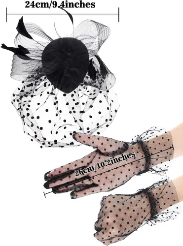 Vista 3 de Fascinadores para mujer sombrero de fiesta de té y guantes de encaje sombrero funerario de los años 50 sombrero vintage de plumas de boda velo