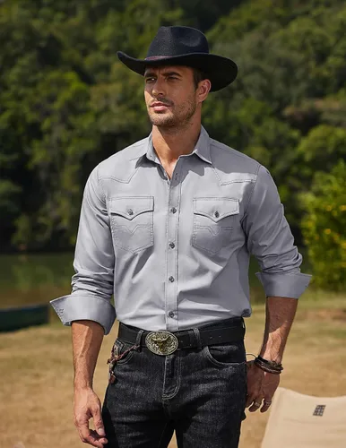 Vista 2 de COOFANDY Camisa vaquera de manga larga para hombre, de algodón, con botones, estilo casual, con bolsillos