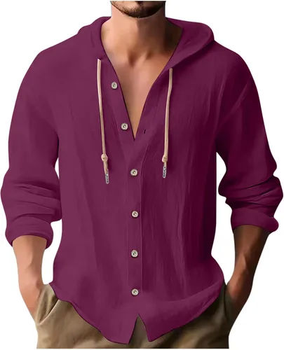 Vista 20 de Camisa de lino para hombre, casual, ligera, mexicana, guayabera, abotonada, playa, verano, sudadera con capucha y manga larga, camisa hawaiana