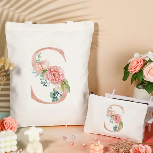 Vista 6 de Sanwuta 2 bolsas de lona con inicial, diseño floral con letras florales, bolsas de cosméticos de viaje, bolsas con monograma para mujer, mujer