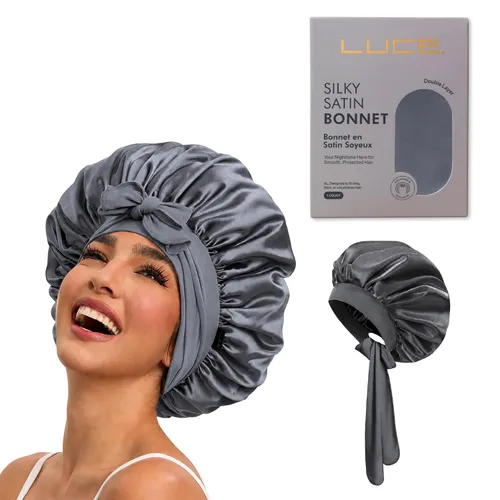 Vista 9 de LUCE Gorro de seda de satén para dormir, gorro de satén XL de doble capa de 600 hilos para mujer, gorro para dormir con lazo ajustable