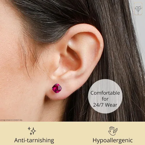 Vista 4 de 925 Sterling Silver Cushion Cut Gemstone Stud Earrings for Women 6MM Hypoallergenic Birthstone Stud Earrings Anti Tarnish Silver Earring Studs by