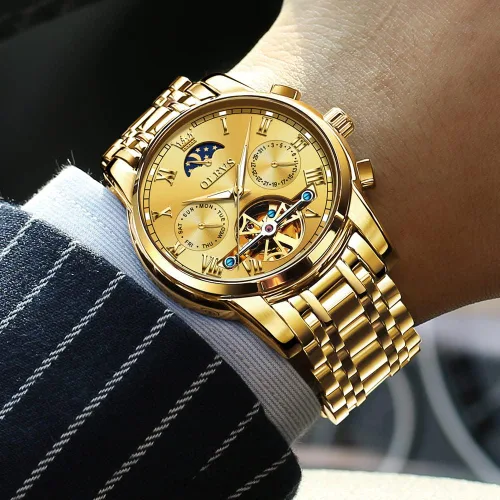Vista 3 de OLEVS Relojes automáticos para hombre, diseño de esqueleto Tourbillon, cuerda automática, de lujo, a la moda, reloj de pulsera, fase lunar, día