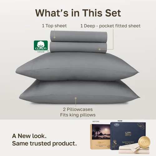 Vista 102 de California Design Den Sábanas de Algodón Egipcio 100%, Juego de Sábanas de Lujo Auténtico Certificado Tamaño Full con Bolsillo Profundo, Satén Suave