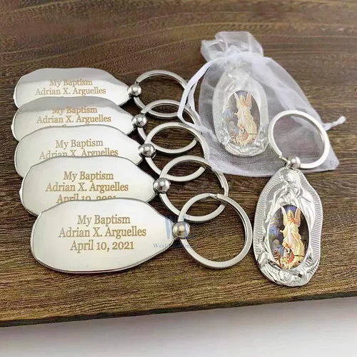 Vista 3 de 12 piezas personalizadas de bautismo de recuerdo de fiesta, llavero de metal de ángel de la guarda, regalo de bautizo para grabado de invitados