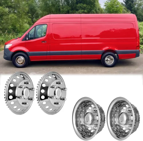 Vista 2 de Juego de simuladores de rueda de acero inoxidable pulido de 16 pulgadas para doble rueda, compatible con Dodge, Mercedes y Freightliner Sprinter Van