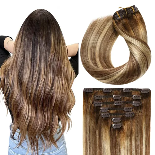Vista 10 de SUYYA Extensiones de cabello humano real con pinzas, 7 piezas de extensiones de cabello humano Remy liso con clip, para mujer, doble trama, 12 #1