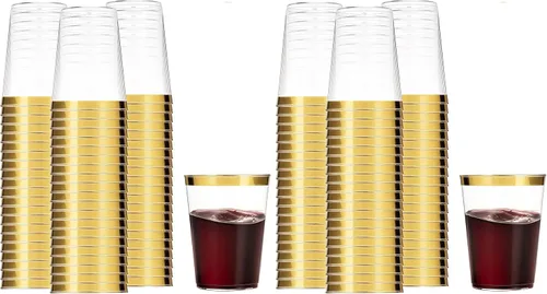 Vista 11 de Munfix 100 vasos de plástico dorados de 14 onzas, vasos transparentes con borde dorado, elegantes vasos desechables para boda, fiesta, con borde
