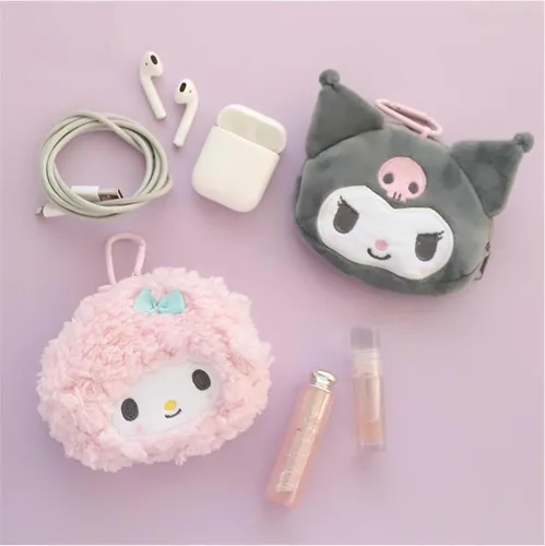 Vista 2 de Kuromi - Monedero de felpa con cremallera en forma de cara con mosquetón, Gris, Cara Kuromi