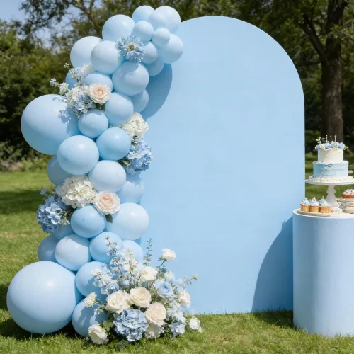 Vista 8 de FiVan Cubierta de fondo de arco de elastano, globo aerostático, cubierta de fondo azul para decoración de fiesta de cumpleaños de bebé, baby shower