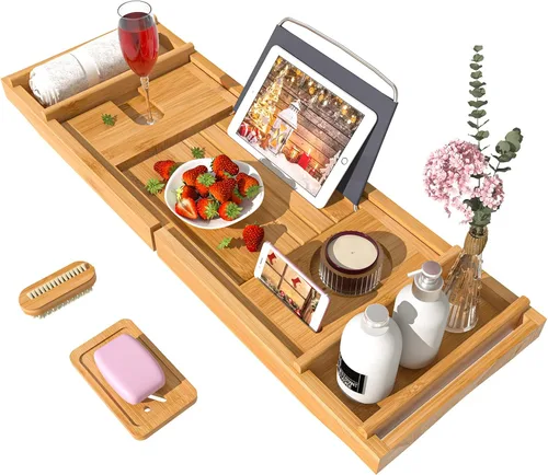Vista 9 de Bandeja de baño para tina, bandeja organizadora ajustable de bambú con jabonera, ideal para spa de lujo o lectura (negro)
