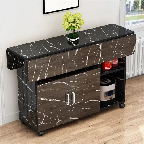 Vista 6 de Mesa de comedor plegable, mesa rectangular versátil con 4 ruedas, 5 estantes de almacenamiento, ahorro de espacio para comedor, cocina, ocio, mesa