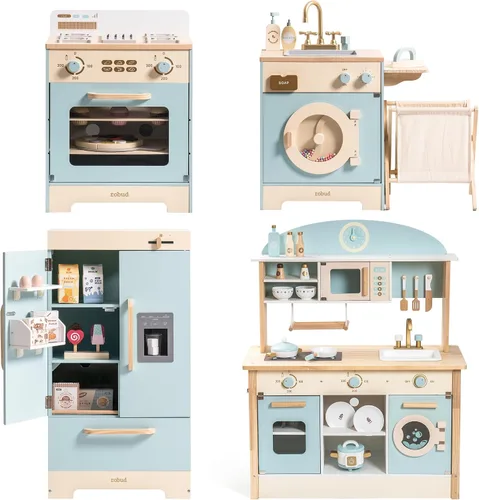 Vista 9 de ROBUD Juego de cocina de madera, juego de cocina de juguete para niños con diseño realista, utensilios, máquina de hielo, nevera, horno, lavadora