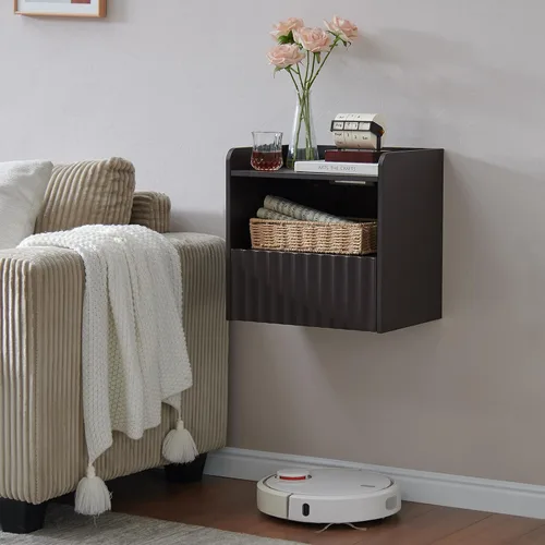 Vista 15 de BuildHom Moderna mesita de noche flotante acanalada montada en la pared, juego de 2 mesitas de noche con cajón de almacenamiento y estante
