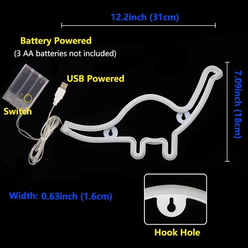 Vista 5 de Letreros de neón con forma de dinosaurio, luces LED de neón para decoración de pared, funciona con bateríasUSB, lámpara de barra para el hogar