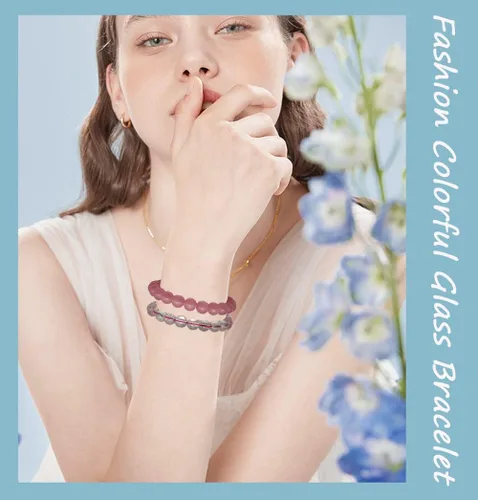 Vista 2 de FINZOR 28 pulseras elásticas de cuentas de 0.315in hechas a mano redondas de cristal para mujeres, pulseras de cuentas elásticas multicolor