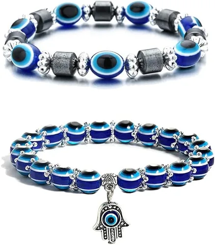 Vista 12 de 2 Pulseras elásticas con cuentas azules de ojo malvado, 7 chakras, piedra de lava, mano de Hamsa