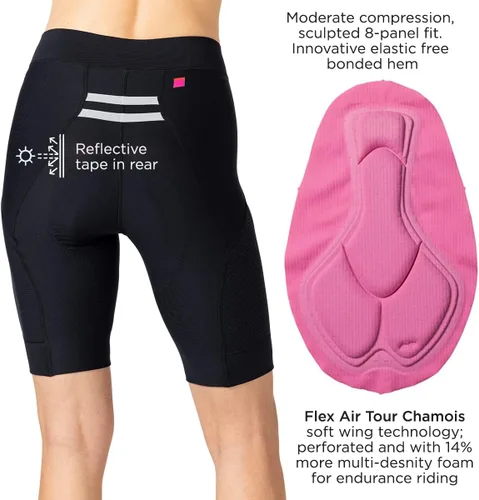 Vista 2 de Terry Pantalones cortos de ciclismo para mujer, acolchados Grand Touring, pantalones cortos de ciclismo con bolsillos de compresión Flex Air Tour