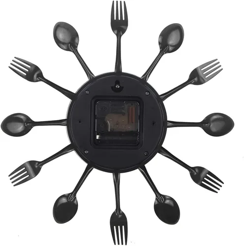 Vista 6 de Reloj de pared de cocina Timelike, reloj de cocina de cubertería 3D extraíble moderno creativo, cuchara y tenedor, reloj de pared con espejo Negro