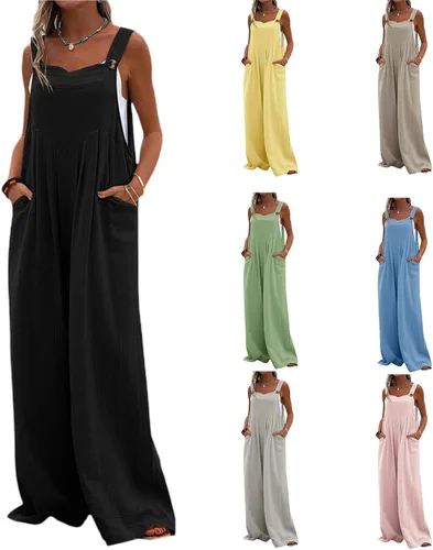 Vista 5 de LWXQWDS Overol de pierna ancha para mujer, sin mangas, con tirantes, holgado, cómodo, holgado, con botones, con bolsillos